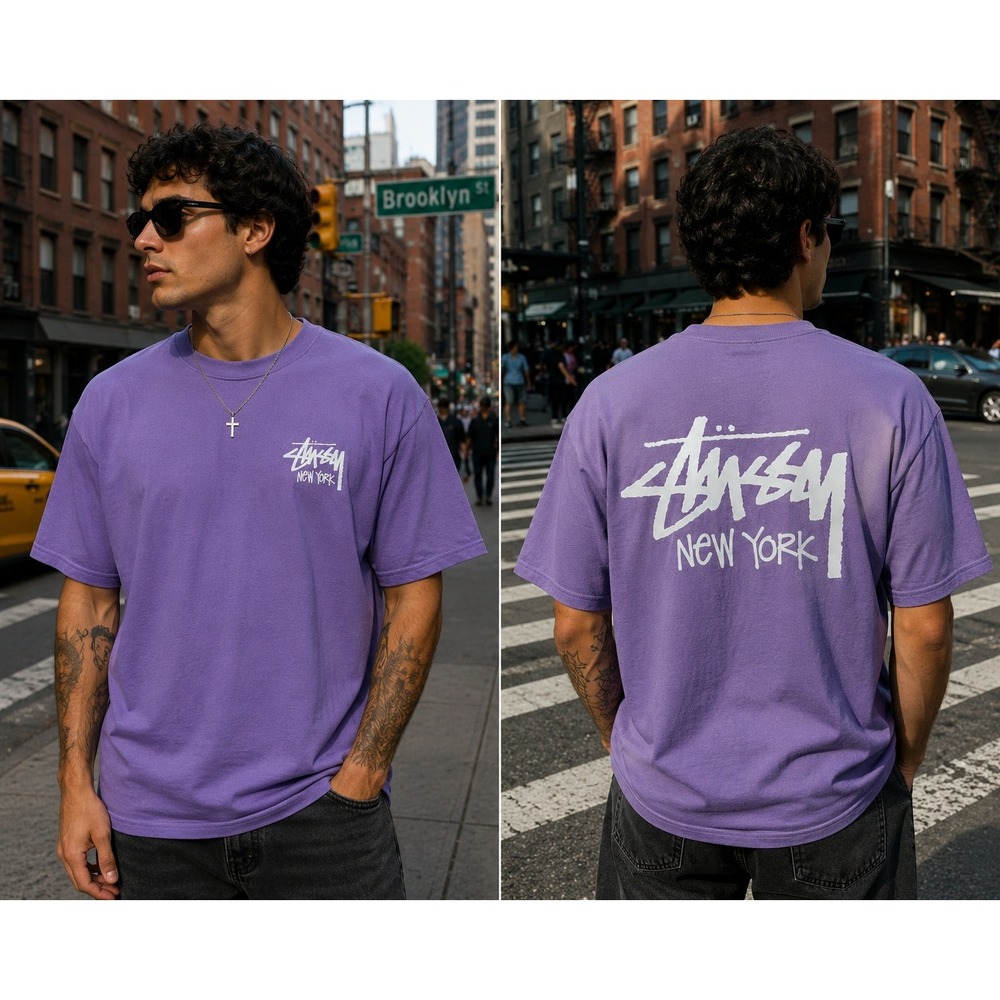 Stussy New York Tee Men's 2XL Purple Graphic Logo Streetwear Oversized CUT TAG